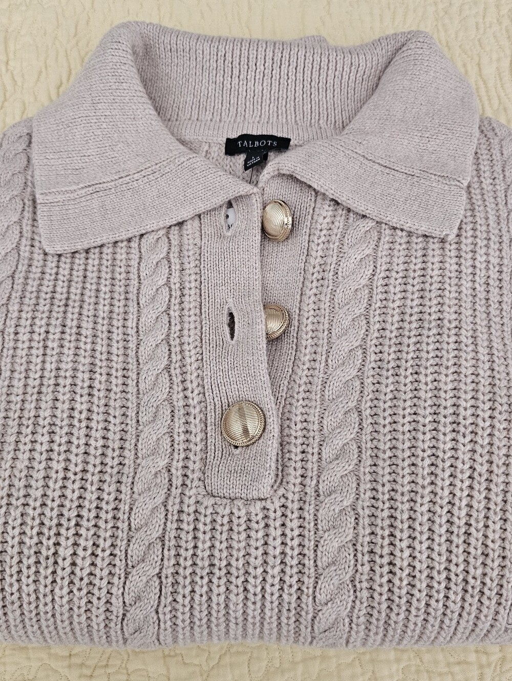NWT - Talbots Johnny Collar Pullover Size Large - Sesame Heather